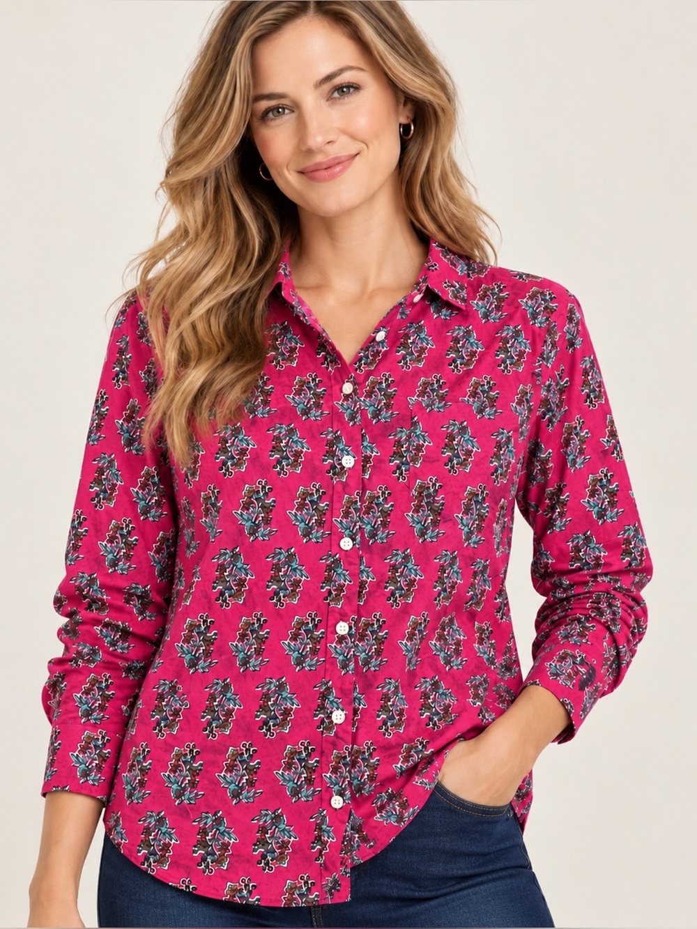 J.Crew Pink Floral Botanical Print Button Up Shirt Blouse Large